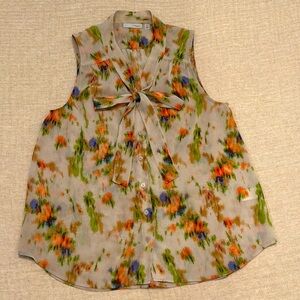 Sleeveless Floral Blouse with Tie Front